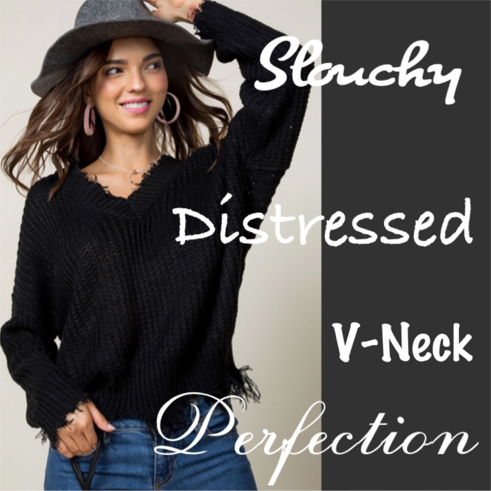 Black Distressed Cropped V-Neck Sweater! NEW!